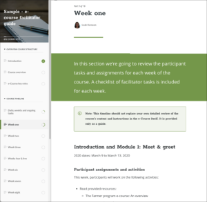 Interactive eLearning guide Screen capture of a screen of text that says week one at the top.