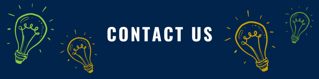 Contact Us - dark blue background with illustrations of lightbulbs. Text says contact us.